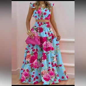 NEW - Set Floral Blue and Pink Maxi Skirt and Top